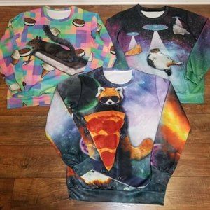 Lot of 3 Sz L Novelty Animal Sweatshirts Squirrel Raccoon Cats Funny NWOT